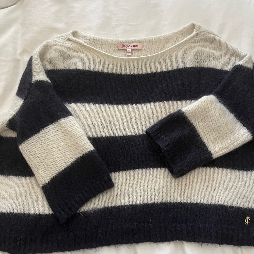 Juicy Couture Black and Cream Crew Neck Sweater Nautical Stripes